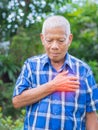 Senior man having a heart attack. Elderly Asian man clutching his chest in pain at the first signs of . Concept of aged people and Royalty Free Stock Photo