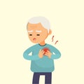 Senior Man Having A Heart Attack, Elderly With Chest Pain Cartoon, Vector Illustration.