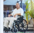 Senior man, healthcare and wheelchair in hospital surgery recovery, nursing home or Mexico wellness physiotherapy clinic