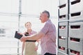 Senior man helping young female farmer arranging tomatoes in crate at greenhouse Royalty Free Stock Photo