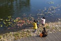 Senior man with his child feeding carp by the pond in the park in the afternoon