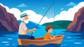 A senior man and his grandson deepsea fishing on a rustic wooden boat surrounded by crystal clear blue waters and
