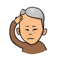 Senior man holding hand to his head. Forgetfulness, headache. Flat vector illustration. Isolated on white background.