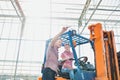 Senior man instructing young female driving forklift in greenhouse