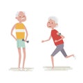 Senior man make exercise with dumbbells. Elderly woman run with armband for jogging. Adult people sport activities.