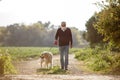 senior man in mask with his pet dog on street because of air pollution and epidemic in city. Protection against virus Royalty Free Stock Photo