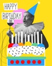 Senior man, medieval royal person drinking red wine, celebrating birthday. Creative design. Poster