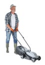 Senior man with modern lawn mower on white background Royalty Free Stock Photo