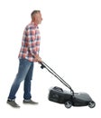 Senior man with modern lawn mower on white background Royalty Free Stock Photo