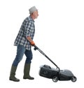 Senior man with modern lawn mower on white background Royalty Free Stock Photo