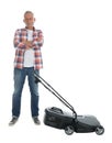 Senior man with modern lawn mower on white background