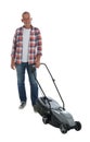 Senior man with modern lawn mower on white background Royalty Free Stock Photo