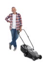 Senior man with modern lawn mower on white background Royalty Free Stock Photo