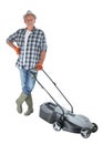 Senior man with modern lawn mower on white background Royalty Free Stock Photo