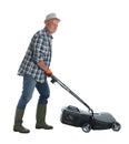 Senior man with modern lawn mower on white background Royalty Free Stock Photo