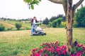 Senior man mowing the lawn with lawnmower Royalty Free Stock Photo
