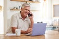 Senior man, phone call and laptop home budget finances, online banking and planning for retirement savings, investment Royalty Free Stock Photo