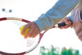 Senior man playing tennis against clear sky on sunny day Royalty Free Stock Photo