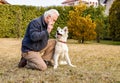 Senior man playing with White Swiss Shepherd puppy in the garden Royalty Free Stock Photo