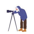 Senior man polar explorer cartoon character in warm protective clothes looking through telescope