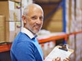 Senior, man and portrait in warehouse with clipboard for inventory, quality control and freight distribution. Manager Royalty Free Stock Photo