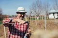 Senior man pruning in vineyard Royalty Free Stock Photo