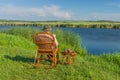 Senior man reading book sitting in the wicker rocking-chair Royalty Free Stock Photo