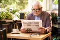 Senior Man Reading Newspaper in Outdoor Cafe Royalty Free Stock Photo