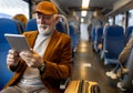 Senior man reading on tablet in train Royalty Free Stock Photo