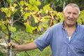 Senior man (real Italian winemaker , no model) smiling in a vineyard after work, Chianti region, Tuscany, Italy