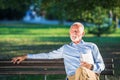 Senior man relaxing in park on a sunny day seated on a wooden bench and waiting for someone Royalty Free Stock Photo