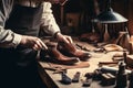 Senior man shoemaker working at craft workshop, crop view. Generative AI