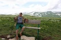 Senior man sitting on bench on Lago-Naki plateau Royalty Free Stock Photo