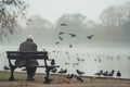 Senior man sitting on bench by lake in foggy park surrounded by pigeons and ducks. Reflective mood, misty atmosphere Royalty Free Stock Photo