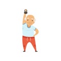 Senior man in sports uniform exercising with kettlebell, grandmother character doing morning exercises or therapeutic