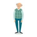 Senior man standing. Old man wearing glasses. Grandfather with grey hair, mustache, wearing sweater. Cartoon grandpa