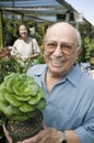 Senior man standing in plant nursery holding cactus plant portrait Royalty Free Stock Photo