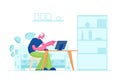 Senior Man Study to Use Computer in Home Interior. Aged Male Character Sitting at Desk with Laptop Pointing with Finger