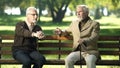 Senior man suffering age-related Alzheimer disease, old friends talking in park