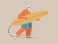 senior man with surf board aged male surfer holding surfboard summer vacation active old age concept