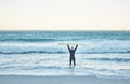 Senior man, surfboard and ocean surfer, ready to surf Canada sea waves on summer holiday or vacation. Fitness, workout Royalty Free Stock Photo