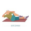 Senior Man Training on a Yoga Mat, Doing Sit Ups Exercises During Morning Workout at Home . Concept of Health and Fitness Royalty Free Stock Photo