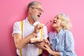 senior man treats a woman with a cake, elderly couple celebrating Royalty Free Stock Photo