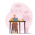 Senior Man Use Computer at Home Interior. Aged Male Character Sitting at Desk with Laptop Looking on Screen Chatting Royalty Free Stock Photo