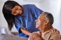 Senior man, volunteer nurse or support caregiver help with elderly in medical nursing home. Smile, happy or trust Royalty Free Stock Photo