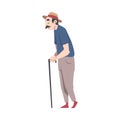 Senior Man Walking with Cane, Cheerful Active Retired Elderly Man Character Cartoon Style Vector Illustration