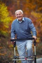 Senior man with a walking disability enjoying a walk in an autumn park Royalty Free Stock Photo