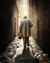 A senior man walking slowly down an alleyway a bag of money tight in his grip.. AI generation Royalty Free Stock Photo