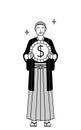 Senior man wearing Hakama with crest with images of foreign exchange gains and dollar appreciation