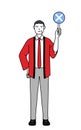 Senior man wearing a red happi coat holding a placard with an X indicating incorrect answer